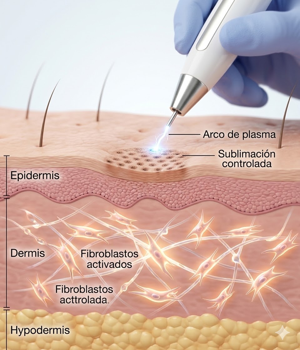 Ilustración de la piel, dermis y acción del Plasma Fibroblast